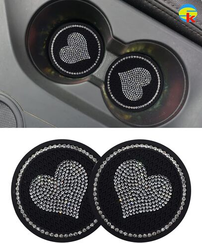 قطعتان من قواعد الأكواب للسيارة على شكل قلب، 2.76 بوصة مضادة للانزلاق ومضادة للصدمات، قواعد سيارة لطيفة عالمية، ملحقة بأحجار الراين الكريستالية الكاملة والاكسسوارات الداخلية للسيارات للنساء (قلب وردي) in Kuwait