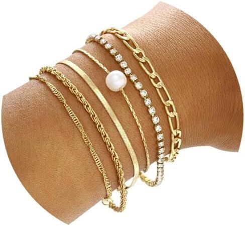 مجموعة أساور ذهبية للنساء، سوار من الكريستال واللؤلؤ من الذهب عيار 14 قيراط قابل للتكديس بطبقات قابلة للتعديل ومجموعة أساور على شكل مشبك ورق للفتيات المراهقات in Kuwait