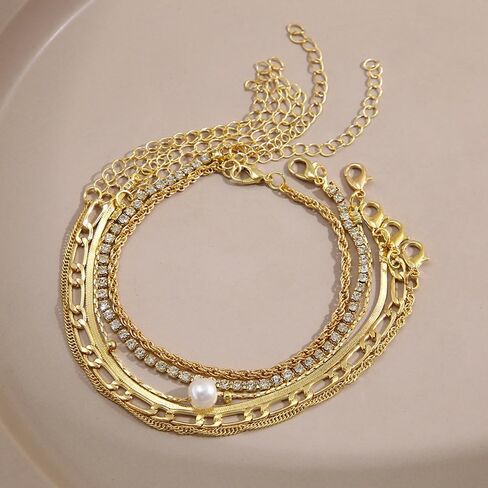 مجموعة أساور ذهبية للنساء، سوار من الكريستال واللؤلؤ من الذهب عيار 14 قيراط قابل للتكديس بطبقات قابلة للتعديل ومجموعة أساور على شكل مشبك ورق للفتيات المراهقات in Kuwait