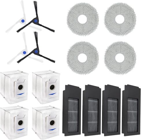 16 قطعة استبدال كيس الغبار فلتر HEPA لـ Ecovacs Deebot X2/ X2 Omni / X2pro / DEX86 قطع غيار المكنسة الكهربائية، 4 فرشاة جانبية، 4 مرشحات هيبا، 4 وسادات ممسحة، 4 أكياس غبار in Kuwait