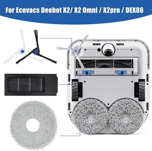 16 قطعة استبدال كيس الغبار فلتر HEPA لـ Ecovacs Deebot X2/ X2 Omni / X2pro / DEX86 قطع غيار المكنسة الكهربائية، 4 فرشاة جانبية، 4 مرشحات هيبا، 4 وسادات ممسحة، 4 أكياس غبار in Kuwait