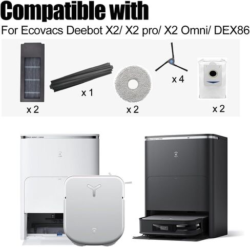 16 قطعة استبدال كيس الغبار فلتر HEPA لـ Ecovacs Deebot X2/ X2 Omni / X2pro / DEX86 قطع غيار المكنسة الكهربائية، 4 فرشاة جانبية، 4 مرشحات هيبا، 4 وسادات ممسحة، 4 أكياس غبار in Kuwait