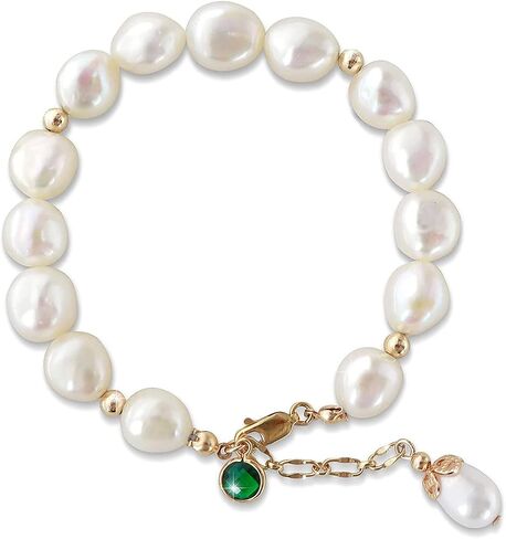 14K Gold Filled Baroque Pearl Bracelet with Emerald Zicronia, Lenth Adjustable Fresh Water Pearl(180mm+40mm Extension chain) in Saudi Arabia