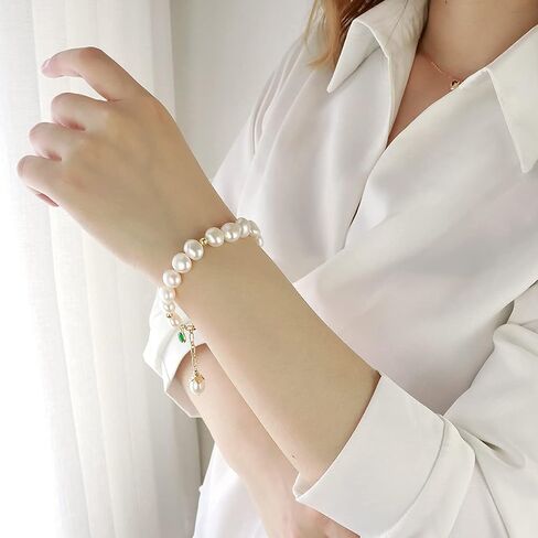 14K Gold Filled Baroque Pearl Bracelet with Emerald Zicronia, Lenth Adjustable Fresh Water Pearl(180mm+40mm Extension chain) in Saudi Arabia