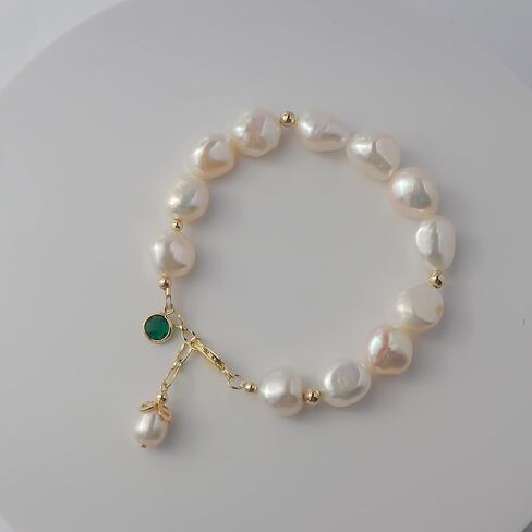 14K Gold Filled Baroque Pearl Bracelet with Emerald Zicronia, Lenth Adjustable Fresh Water Pearl(180mm+40mm Extension chain) in Saudi Arabia