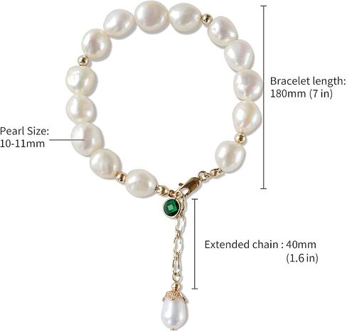14K Gold Filled Baroque Pearl Bracelet with Emerald Zicronia, Lenth Adjustable Fresh Water Pearl(180mm+40mm Extension chain) in Saudi Arabia