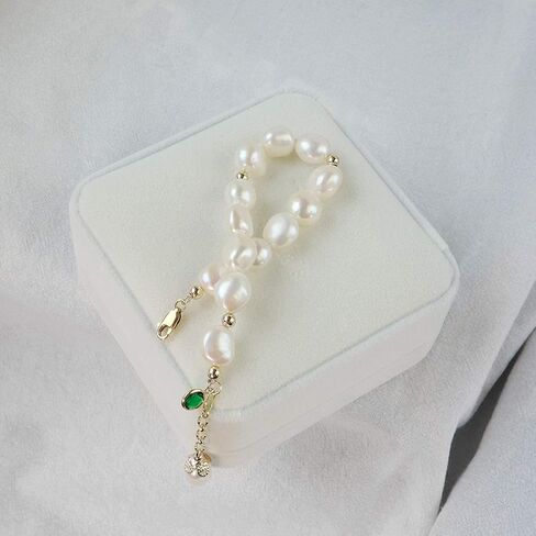 14K Gold Filled Baroque Pearl Bracelet with Emerald Zicronia, Lenth Adjustable Fresh Water Pearl(180mm+40mm Extension chain) in Saudi Arabia