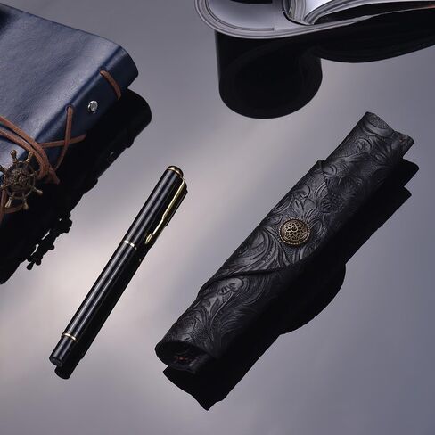 Vintage Handmade Leather Single Pen Case Holder Cowhide Fountain Pen Sleeve Roll Wrap Pen Pouch (Black Carved) in Kuwait