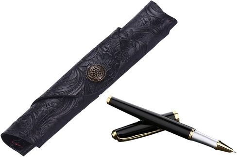 Vintage Handmade Leather Single Pen Case Holder Cowhide Fountain Pen Sleeve Roll Wrap Pen Pouch (Black Carved) in Kuwait