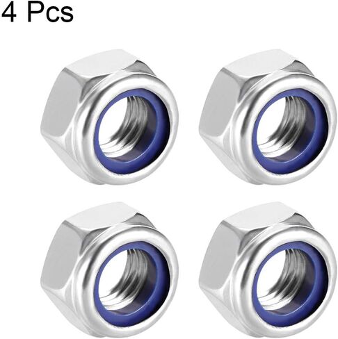 uxcell Hex Lock Nuts - M10 x 1.5mm Stainless Steel Nylon Insert Self-Locking Nuts for Fasteners, 4Pcs Silver Tone in Saudi Arabia