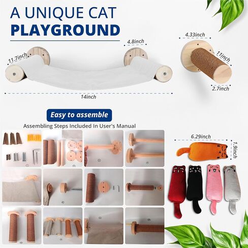 Elegant Cat Wall Hammock Cat Shelf with Two Steps-Cat Wall Shelves Easy-to-Assemble -Stylish Cat Wall Furniture Extra Strong Conical Support Base with 5 Pcs Cotton-Stuffed Catnip Toy in Saudi Arabia