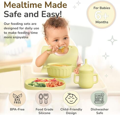 مجموعة تغذية الأطفال من السيليكون من ميمي آند كيكي مع طبق ووعاء وأواني، خالية من مادة BPA، تصميم عصري، سهلة التنظيف، متينة، للأعمار من 6 أشهر فما فوق (أخضر) in Saudi Arabia