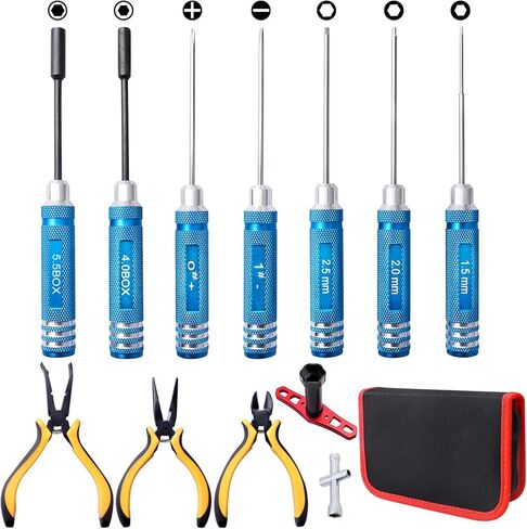 RC Car Tool Kit - Screwdriver Set (Flat, Phillips, Hex), Pliers, Wrench, Repair Tools for Quadcopter Drone Helicopter Airplane, Accessories Compatible with Traxxas RC Cars Trucks Models - 12pcs in Saudi Arabia
