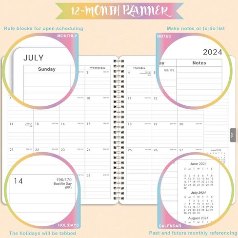 2024 Planner - Jan. 2024 - Dec. 2024, Planner 2024, 8" x 10", 2024 Planner Weekly and Monthly with Marked Tabs + Thick Paper + Contacts + Calendars + Holidays + Twin-Wire Binding - Rainbow in Saudi Arabia