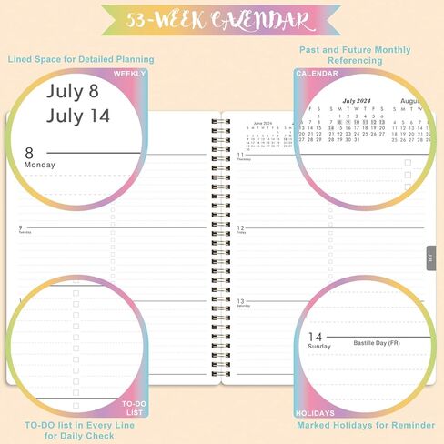 2024 Planner - Jan. 2024 - Dec. 2024, Planner 2024, 8" x 10", 2024 Planner Weekly and Monthly with Marked Tabs + Thick Paper + Contacts + Calendars + Holidays + Twin-Wire Binding - Rainbow in Saudi Arabia