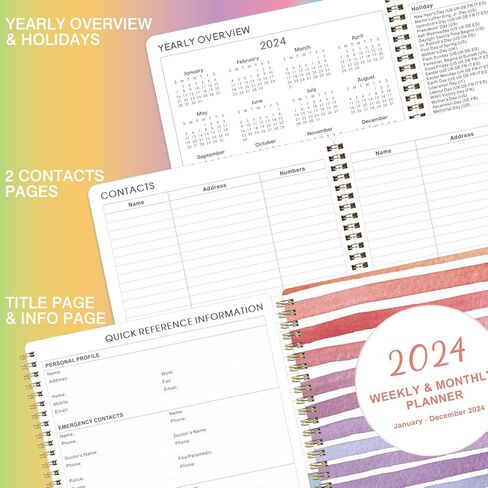 2024 Planner - Jan. 2024 - Dec. 2024, Planner 2024, 8" x 10", 2024 Planner Weekly and Monthly with Marked Tabs + Thick Paper + Contacts + Calendars + Holidays + Twin-Wire Binding - Rainbow in Saudi Arabia