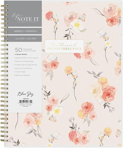 Blue Sky Life Note It 2023-2024 ملاحظات مخطط أسبوعية وشهرية للعام الدراسي، 8.5 بوصة × 11 بوصة، غطاء بلوري، سلكي، Hannah Frosted (142588-A24) in Saudi Arabia