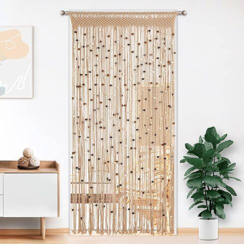 Macrame Beaded Curtain Boho Handmade Cotton Door String Curtain for Doorway Window Wooden Beads Hanging Hippie Room Divider Closet Bedroom Privacy Decor, 1 Panel 79" x 35" in Saudi Arabia