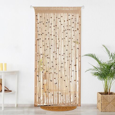 Macrame Beaded Curtain Boho Handmade Cotton Door String Curtain for Doorway Window Wooden Beads Hanging Hippie Room Divider Closet Bedroom Privacy Decor, 1 Panel 79" x 35" in Saudi Arabia