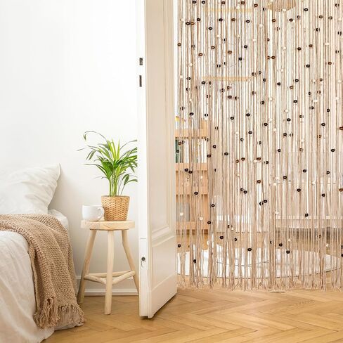 Macrame Beaded Curtain Boho Handmade Cotton Door String Curtain for Doorway Window Wooden Beads Hanging Hippie Room Divider Closet Bedroom Privacy Decor, 1 Panel 79" x 35" in Saudi Arabia