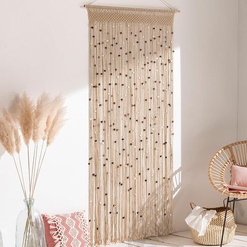 Macrame Beaded Curtain Boho Handmade Cotton Door String Curtain for Doorway Window Wooden Beads Hanging Hippie Room Divider Closet Bedroom Privacy Decor, 1 Panel 79" x 35" in Saudi Arabia