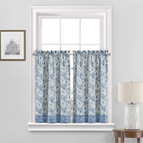 Waverly Paisley Verveine طبقات صغيرة من الألواح الخاصة بنافذة الخصوصية، زوج من الحمام، غرفة المعيشة، 52 بوصة × 36 بوصة، بلو جاي in Kuwait