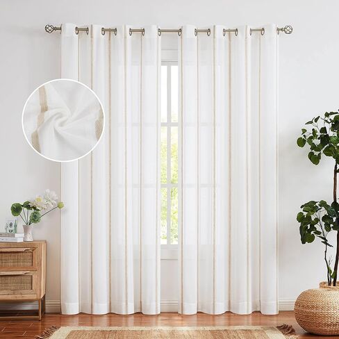 WEST LAKE شريطية من الكتان الشفاف حلقات ستائر علوية مقلمة ريفية مزرعة ريفية شبه شفافة مجموعات معالجة النوافذ لتناول الطعام، غرفة المعيشة، غرفة النوم، شريط رمادي وأبيض، 52 بوصة × 63 بوصة، قطعتان in Kuwait