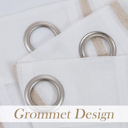 WEST LAKE شريطية من الكتان الشفاف حلقات ستائر علوية مقلمة ريفية مزرعة ريفية شبه شفافة مجموعات معالجة النوافذ لتناول الطعام، غرفة المعيشة، غرفة النوم، شريط رمادي وأبيض، 52 بوصة × 63 بوصة، قطعتان in Kuwait