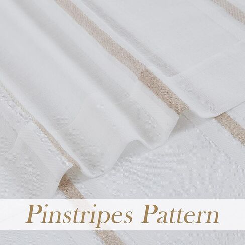 WEST LAKE شريطية من الكتان الشفاف حلقات ستائر علوية مقلمة ريفية مزرعة ريفية شبه شفافة مجموعات معالجة النوافذ لتناول الطعام، غرفة المعيشة، غرفة النوم، شريط رمادي وأبيض، 52 بوصة × 63 بوصة، قطعتان in Kuwait