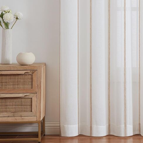 WEST LAKE شريطية من الكتان الشفاف حلقات ستائر علوية مقلمة ريفية مزرعة ريفية شبه شفافة مجموعات معالجة النوافذ لتناول الطعام، غرفة المعيشة، غرفة النوم، شريط رمادي وأبيض، 52 بوصة × 63 بوصة، قطعتان in Kuwait