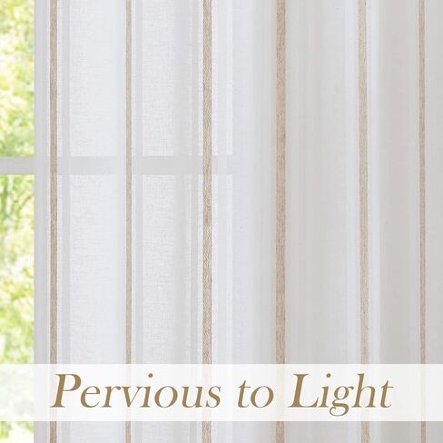 WEST LAKE شريطية من الكتان الشفاف حلقات ستائر علوية مقلمة ريفية مزرعة ريفية شبه شفافة مجموعات معالجة النوافذ لتناول الطعام، غرفة المعيشة، غرفة النوم، شريط رمادي وأبيض، 52 بوصة × 63 بوصة، قطعتان in Kuwait