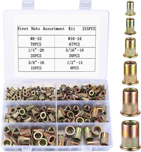مجموعة متنوعة من 215 قطعة من صواميل البرشام، مجموعة أدوات صواميل برشام ذات رأس مسطح من الفولاذ الكربوني، لمسة نهائية مطلية بالزنك، 8-32، 10-24، 1/4 بوصة - 20، 3/8 بوصة - 16، 5/16 بوصة '-18، 1/2"-13 in Kuwait