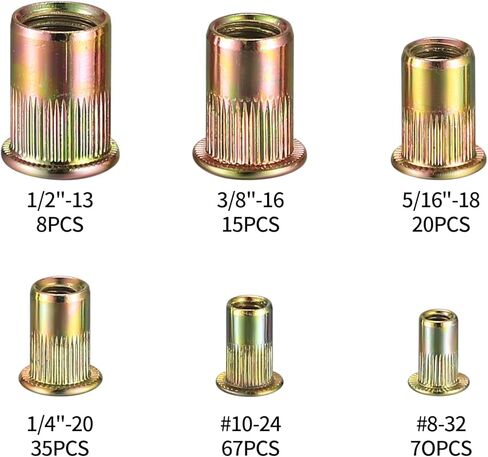 مجموعة متنوعة من 215 قطعة من صواميل البرشام، مجموعة أدوات صواميل برشام ذات رأس مسطح من الفولاذ الكربوني، لمسة نهائية مطلية بالزنك، 8-32، 10-24، 1/4 بوصة - 20، 3/8 بوصة - 16، 5/16 بوصة '-18، 1/2"-13 in Kuwait