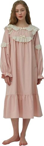 بيجامة ULLALA للنساء بأكمام طويلة عتيقة من القطن 30'S Lily2t قطعة واحدة ملابس نوم ناعمة خوخي قطعة واحدة مقاس واحد in Kuwait