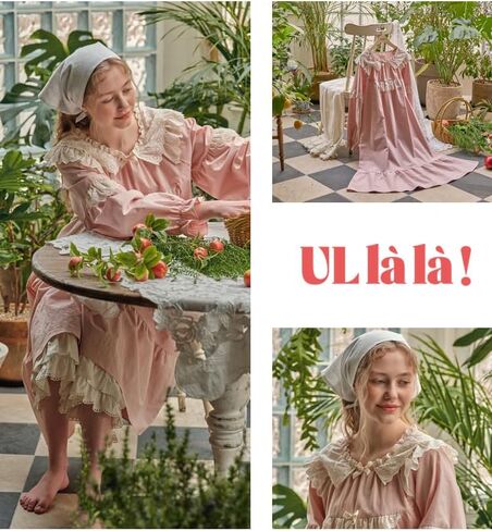 بيجامة ULLALA للنساء بأكمام طويلة عتيقة من القطن 30'S Lily2t قطعة واحدة ملابس نوم ناعمة خوخي قطعة واحدة مقاس واحد in Kuwait