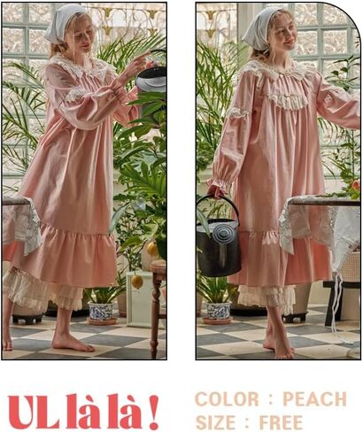 بيجامة ULLALA للنساء بأكمام طويلة عتيقة من القطن 30'S Lily2t قطعة واحدة ملابس نوم ناعمة خوخي قطعة واحدة مقاس واحد in Kuwait