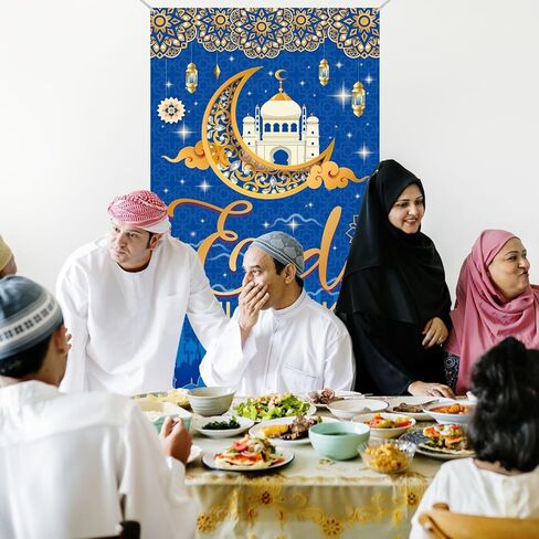 لافتة باب ديكورات عيد مبارك، مقاس 70.8 × 35.4 بوصة، غطاء باب ديكورات رمضان باللون الأزرق الذهبي، لافتة باب رمضان كريم لتزيين حفلات المنزل in Kuwait