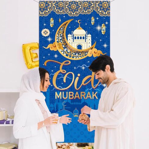 لافتة باب ديكورات عيد مبارك، مقاس 70.8 × 35.4 بوصة، غطاء باب ديكورات رمضان باللون الأزرق الذهبي، لافتة باب رمضان كريم لتزيين حفلات المنزل in Kuwait