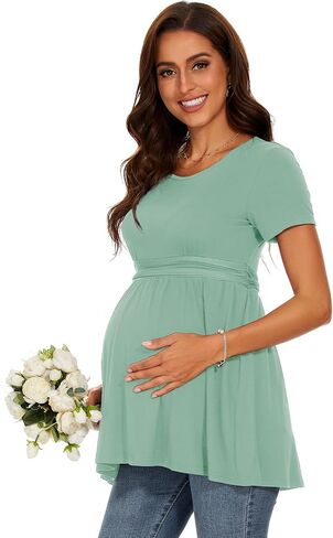 Women's Maternity Tops Short & Long Sleeve Pleated Waist Shirts Pregnancy Clothes in Saudi Arabia