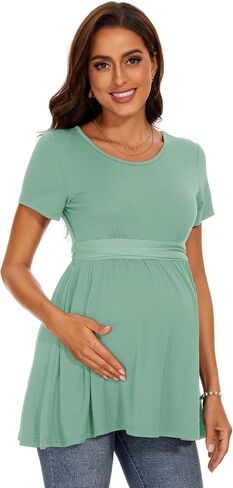 Women's Maternity Tops Short & Long Sleeve Pleated Waist Shirts Pregnancy Clothes in Saudi Arabia