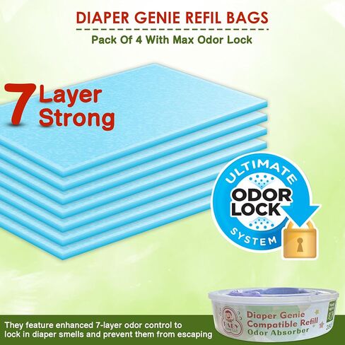 Diaper Pail Refills, Compatible with Diaper Genie, 4-Pack, 1080 Count, Odor Absorber, 7-Layer Smell-Bloc Technology in Saudi Arabia
