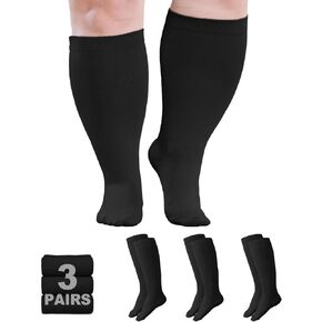 Plus Size Compression Socks: Wide Calf Compression Stockings for Men Women - Extra Large 20-30 mmHg Compression Hose Support for Running Travel Nurses Pregnancy 3 Pairs in Kuwait