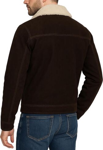 Men's Brown Suede Leather Fur Shearling Collar Jacket - Black Leather Motorcycle Jacket Men - Brown Corduroy Coat in Kuwait