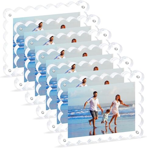 6Pack Acrylic Magnetic Photo Frame 5x7 Inch - Sleek Scalloped Design, 10+10mm Thick Crystal Clear Block, Freestanding Double-Sided Magnet |Trendy Home Gift (6 Pack, 5X7) in Saudi Arabia