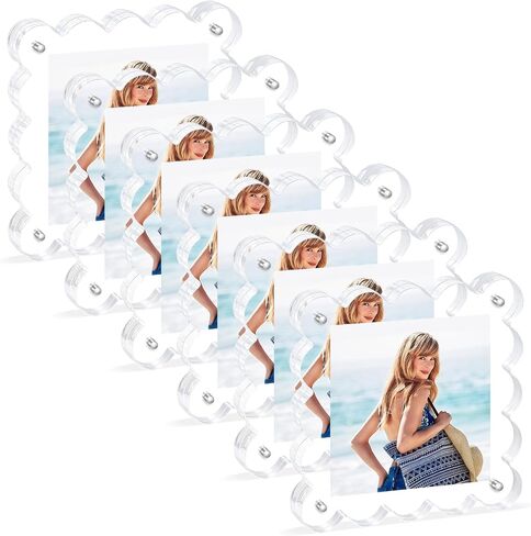 6Pack Acrylic Magnetic Photo Frame 5x7 Inch - Sleek Scalloped Design, 10+10mm Thick Crystal Clear Block, Freestanding Double-Sided Magnet |Trendy Home Gift (6 Pack, 5X7) in Saudi Arabia