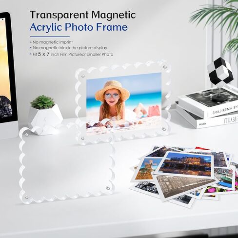 6Pack Acrylic Magnetic Photo Frame 5x7 Inch - Sleek Scalloped Design, 10+10mm Thick Crystal Clear Block, Freestanding Double-Sided Magnet |Trendy Home Gift (6 Pack, 5X7) in Saudi Arabia