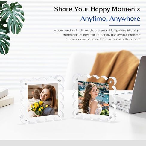 6Pack Acrylic Magnetic Photo Frame 5x7 Inch - Sleek Scalloped Design, 10+10mm Thick Crystal Clear Block, Freestanding Double-Sided Magnet |Trendy Home Gift (6 Pack, 5X7) in Saudi Arabia