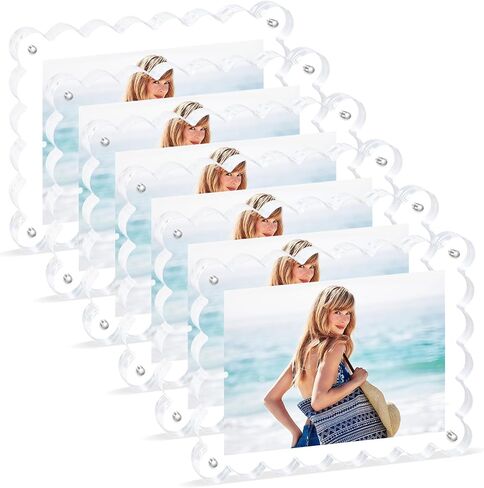 6Pack Acrylic Magnetic Photo Frame 5x7 Inch - Sleek Scalloped Design, 10+10mm Thick Crystal Clear Block, Freestanding Double-Sided Magnet |Trendy Home Gift (6 Pack, 5X7) in Saudi Arabia
