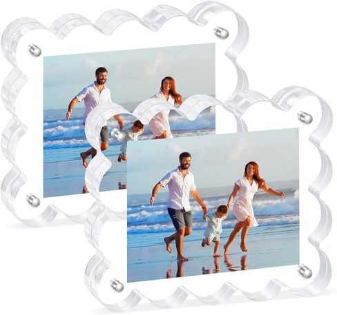 6Pack Acrylic Magnetic Photo Frame 5x7 Inch - Sleek Scalloped Design, 10+10mm Thick Crystal Clear Block, Freestanding Double-Sided Magnet |Trendy Home Gift (6 Pack, 5X7) in Saudi Arabia