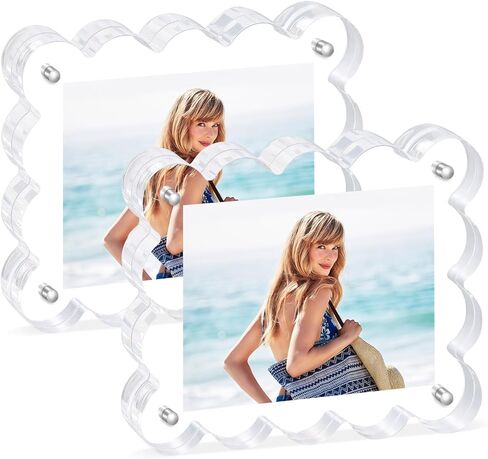 6Pack Acrylic Magnetic Photo Frame 5x7 Inch - Sleek Scalloped Design, 10+10mm Thick Crystal Clear Block, Freestanding Double-Sided Magnet |Trendy Home Gift (6 Pack, 5X7) in Saudi Arabia